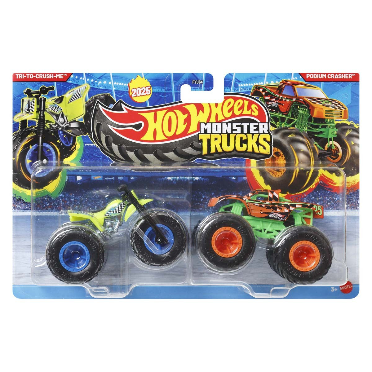 Hot Wheels Monster Trucks Twin Pack Tri To Crush Me vs Podium Crasher