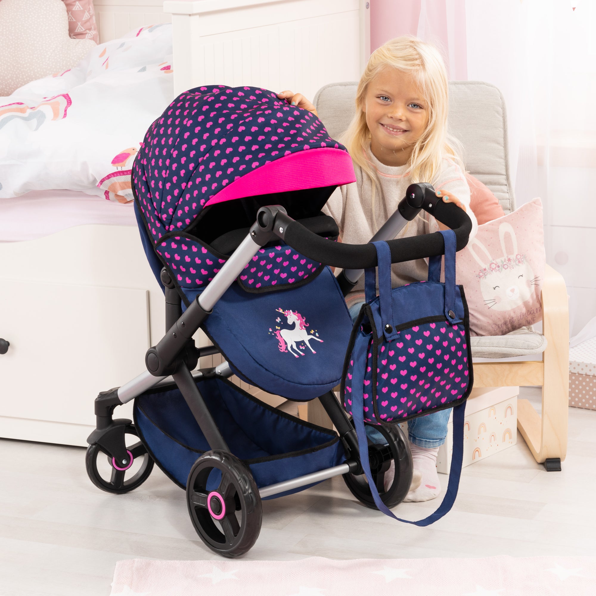 Bayer Xeo Dolls Pram / Travel System Pink Hearts