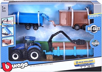 Burago New Holland Farm T7.315 Tractor With 3 Assorted Trailers 1:50