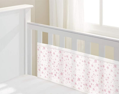 Breathable Baby Breathable Mesh Cot Bumper / Liner Pink Stars