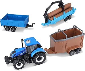 Burago New Holland Farm T7.315 Tractor With 3 Assorted Trailers 1:50