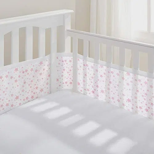 Breathable Baby Breathable Mesh Cot Bumper / Liner Pink Stars