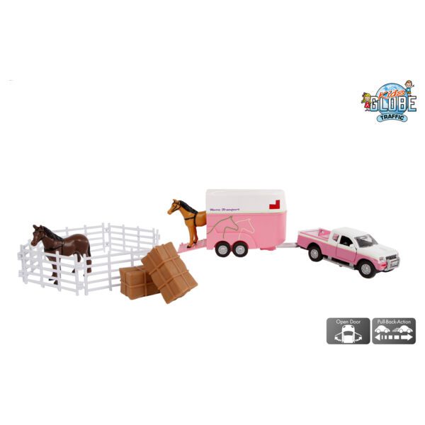 Kids Globe Mitsubishi Die cast Truck With Horse Trailer Horses And Accessories