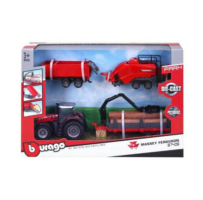 Burago Massey Ferguson 8740S Tractor With 3 Assorted Trailers 1:50
