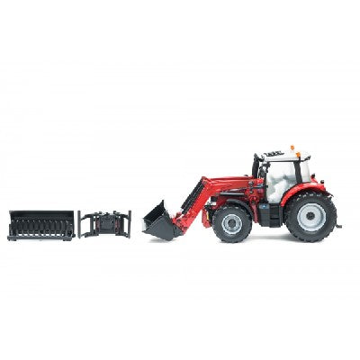 BRITAINS 43082A1 Massey Fergusson 6616 Tractor With Loader Die cast model Massey Ferguson 6616 frontloader tractor with original decal detail, enclosed cab, front wheel steering, rear 3-point hitch, front hitch, rolling wheels with tyre tread detail. Frontloader arm raises and lowers, 3 interchangeable accessories including bucket and bale clamp. Model construction- Die Cast Metal & PlasticModel scale- 1-32Approximate dimensions- 21 x 8 x 10 cm*Suitable For Ages 3+