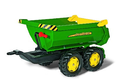 John Deere  Halfpipe Trailer *This large four wheeled twin axle Deutz-Fahr trailer has a handle assisted tipping action. It also can be attached to any Rolly tractor.  *Dimensions of item- 89 x 45 x 43 cm. *Suitable For Ages 3+ *Assembly Required