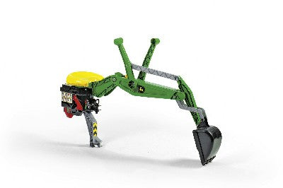 Rolly John Deere BackHoe  The rear excavator can only be used when stationary with support leg down, the seat and arm can turn through 180 degrees, the control levers allow it to raise and lower scoop and tip material just like the real thing. The support leg can be raised to allow the tractor to move forwards or backwards. This excavator attaches to the rear coupling point of the tractor with the supplied pin and has a coupling point at its rear to attach a trailer (four wheeled types rec...