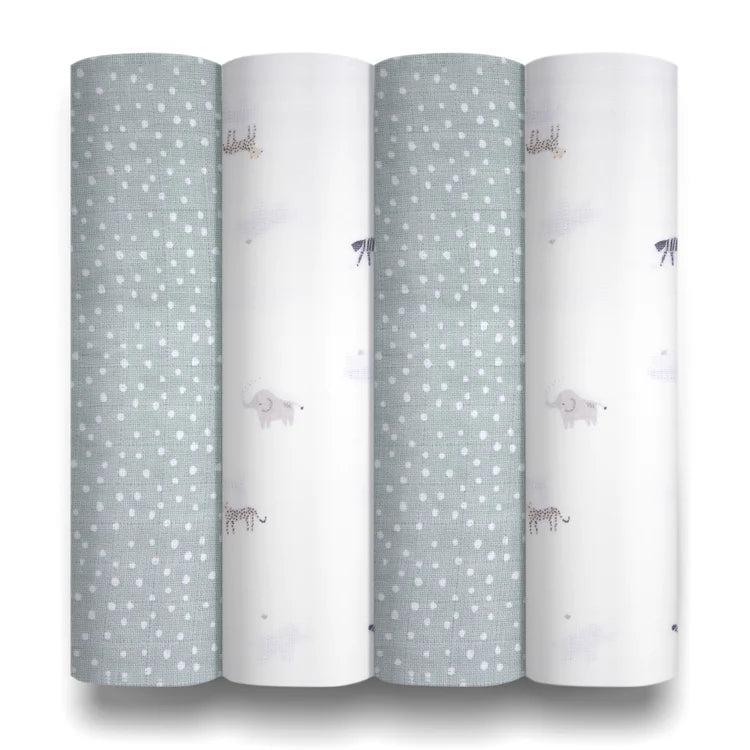 Baby Elegance Safari Collection 4pk Muslin Swaddles 80cm x 80cm