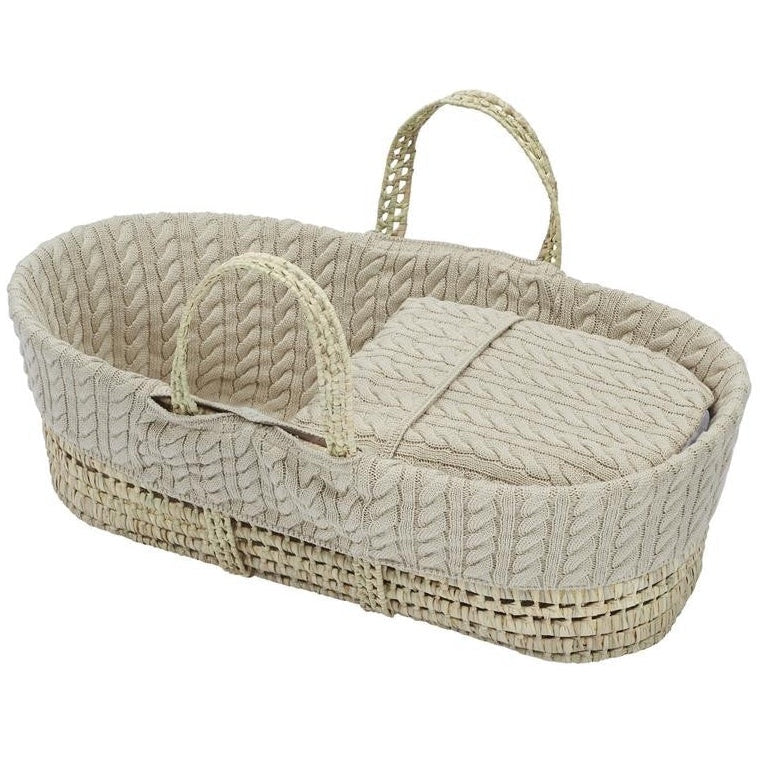 Cuddles Cable Knit Moses Basket With Folding Stand And Blanket Beige