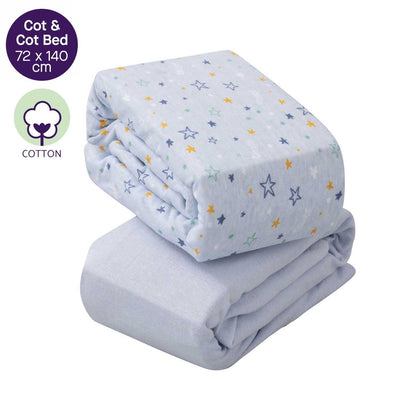 Clevamama Jersey Cotton Fitted Sheets One Size Cot And Cot Bed 72cm x 140cm Blue 2pk