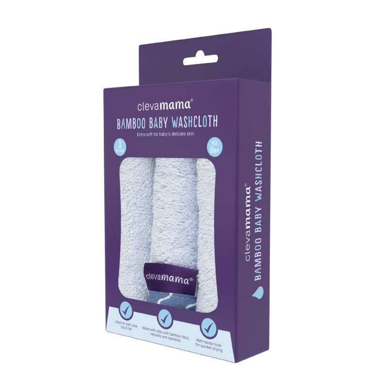 Clevamama Bamboo Baby Washcloth 3pk Blue
