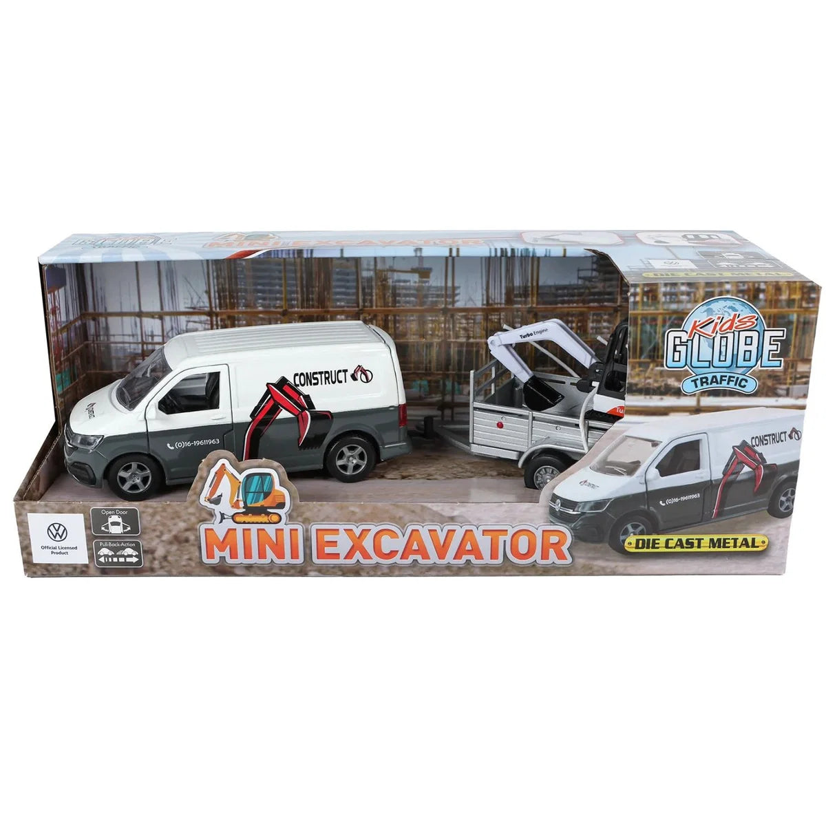 Kids Globe Construction Van With Mini Excavator And Trailer 1:32