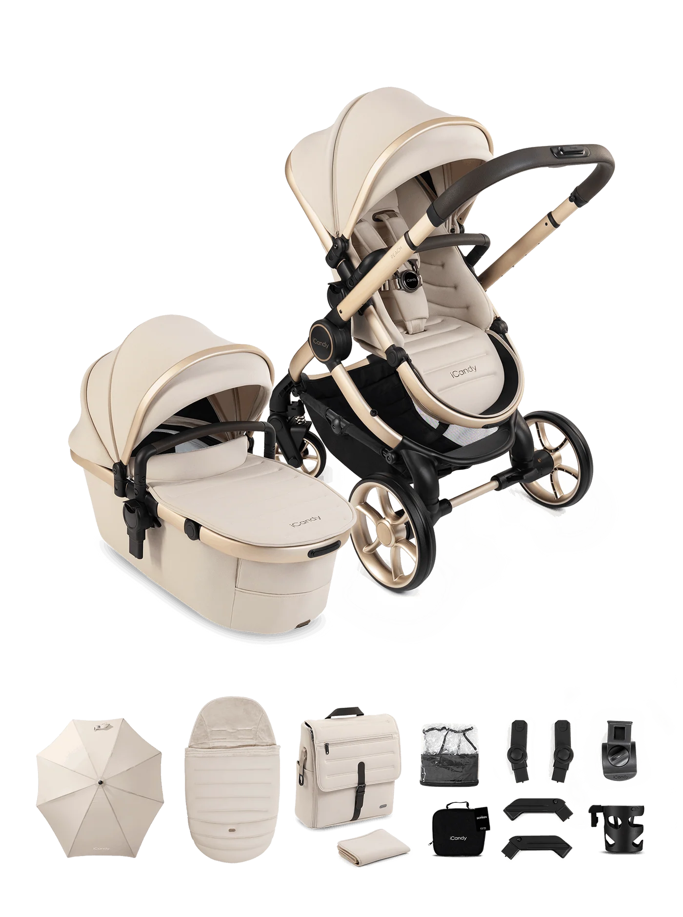 iCandy Peach 8 Stroller And Carry Cot With Accessories Biscotti Bundle