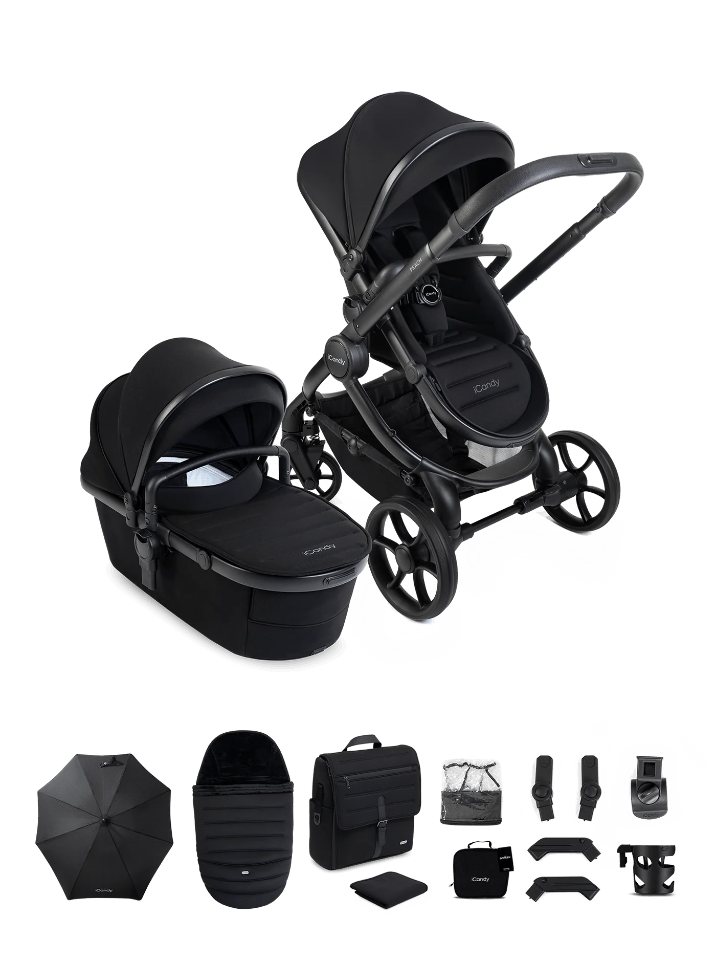 iCandy Peach 8 Stroller And Carry Cot With Accessories Bundle Black