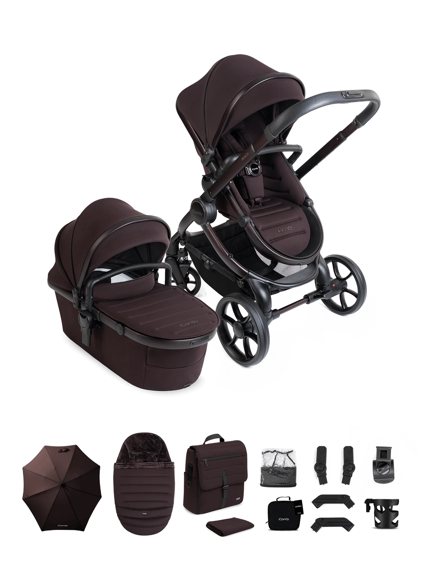 iCandy Peach 8 Stroller And Carry Cot With Accessories Bundle Coffee Bean