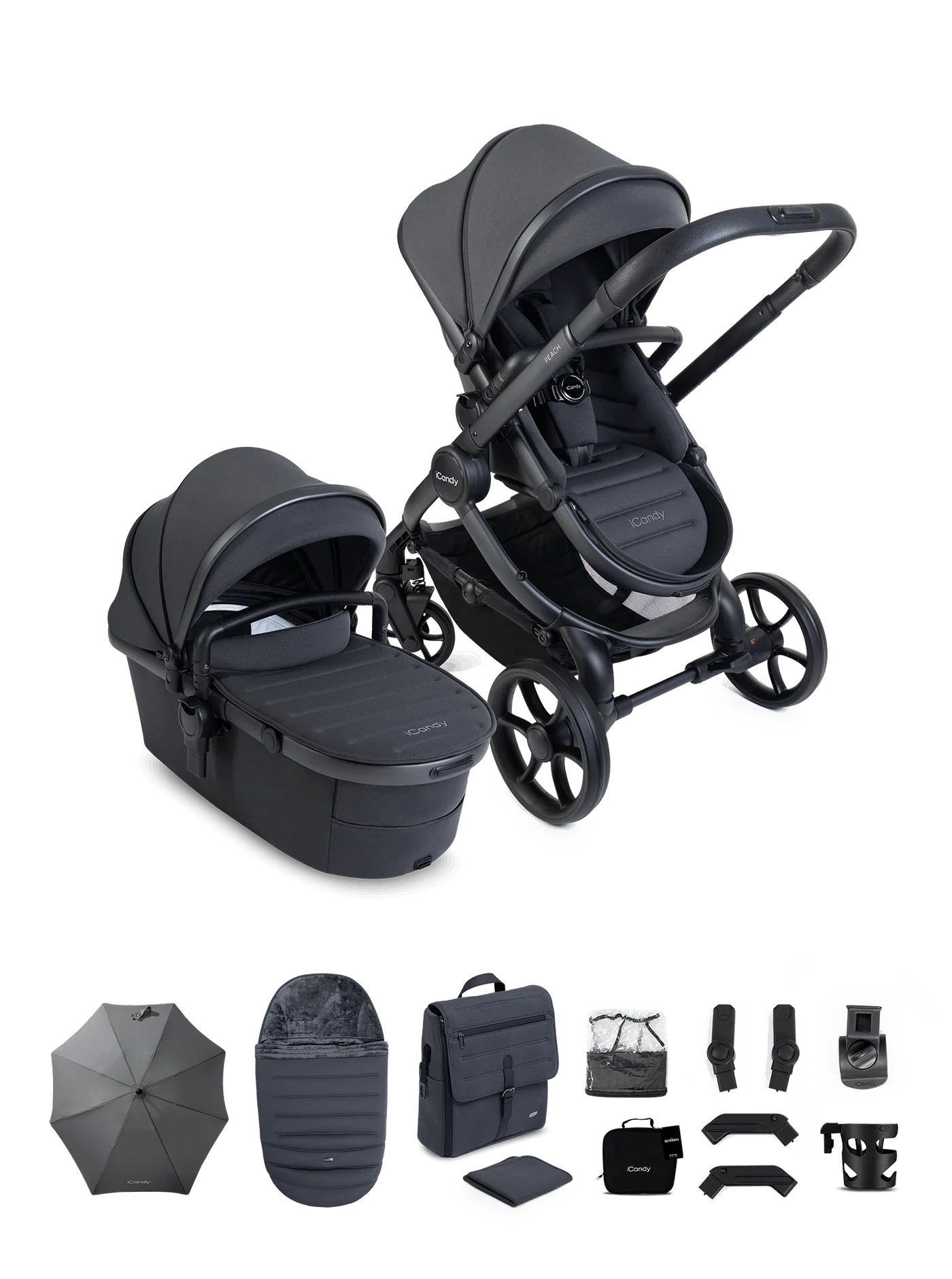 iCandy Peach 8 Stroller And Carry Cot With Accessories Bundle Grey