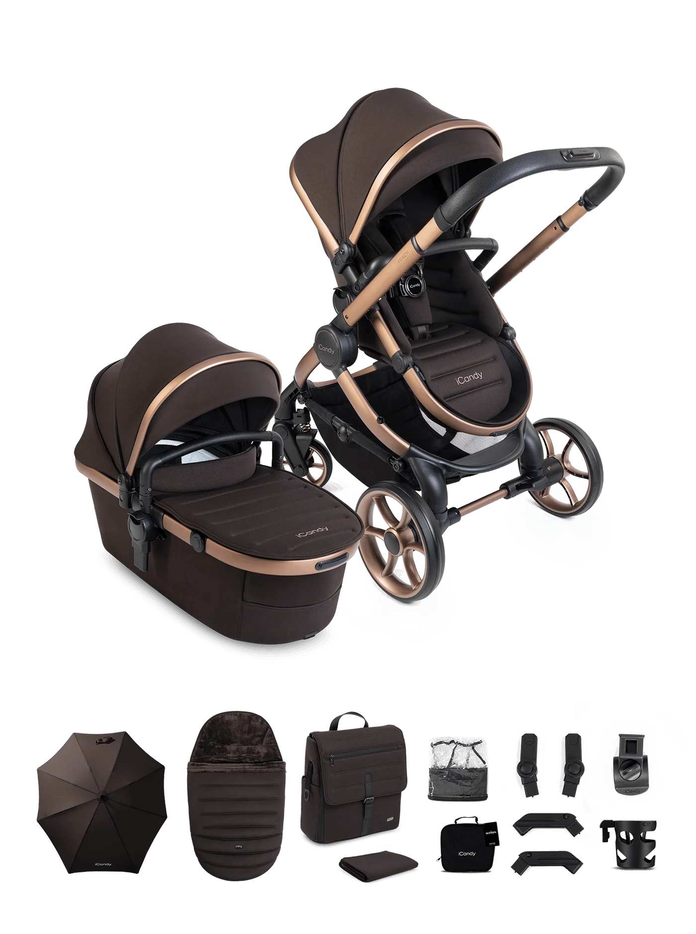 iCandy Peach 8 Stroller And Carry Cot With Accessories Bundle Pecan