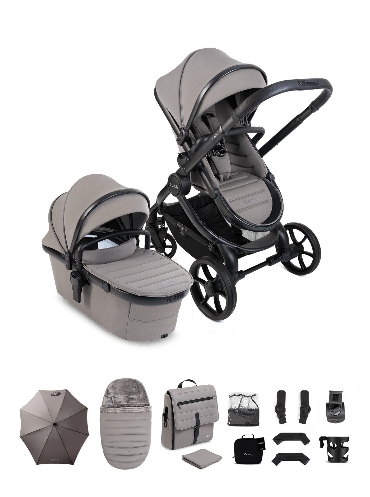 iCandy Peach 8 Stroller And Carry Cot With Accessories Bundle Porcini