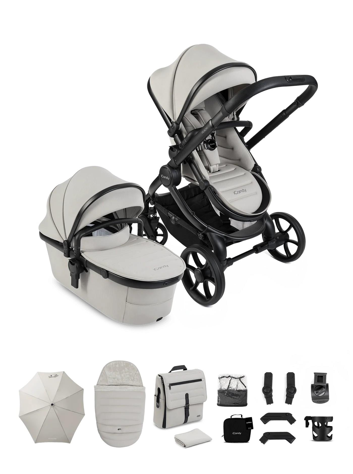 iCandy Peach 8 Stroller And Carry Cot With Accessories Bundle Taupe