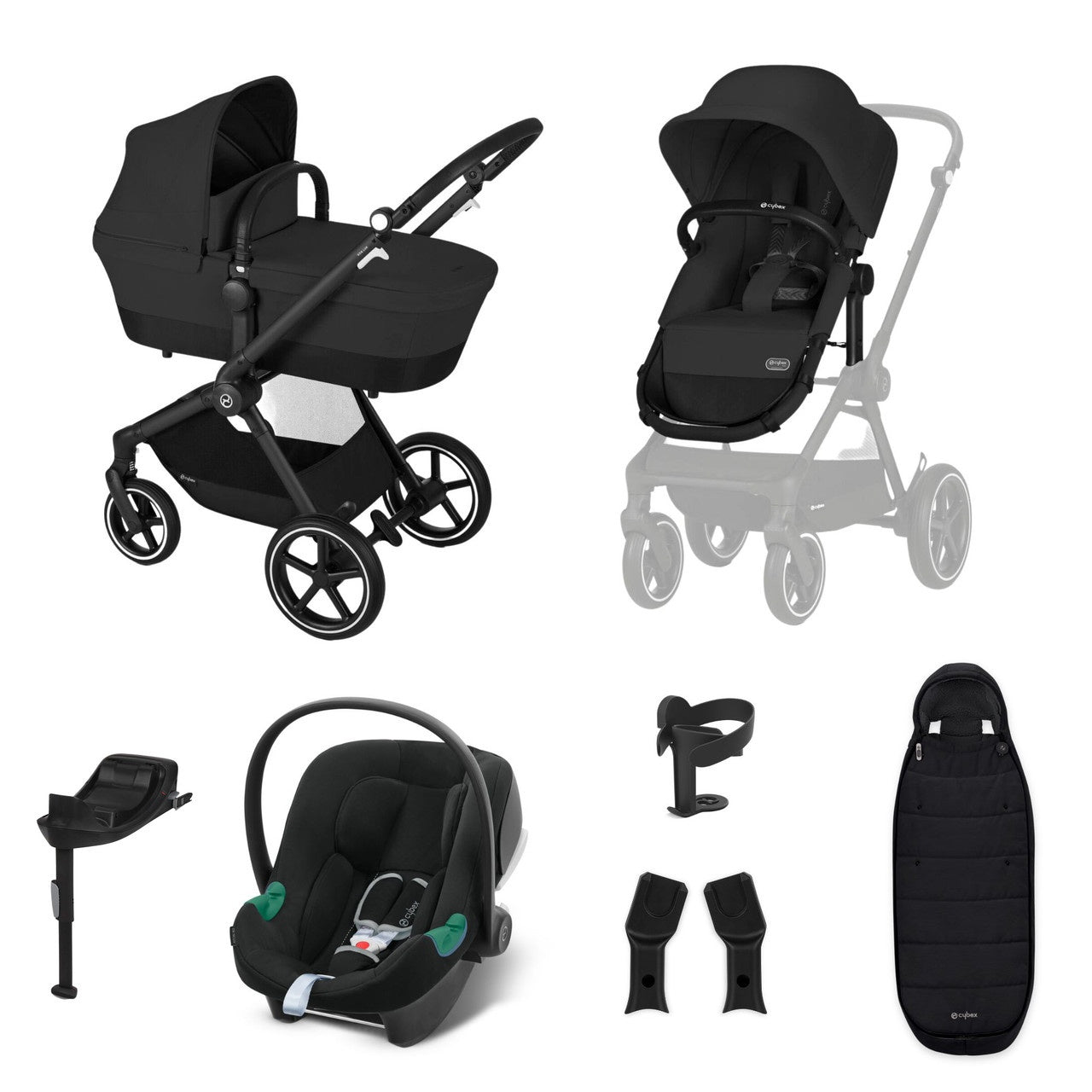 Cybex Eos Lux Bundle With Aton B2 Car Seat And Base c/w Footmuff / Car Seat Adaptors/ Cup Holder